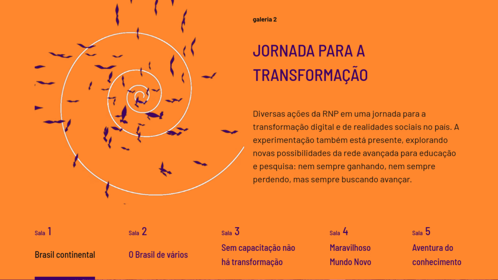 Captura de tela do início da galeria 2, contendo uma animação com pássaros e links para as salas da galeria.