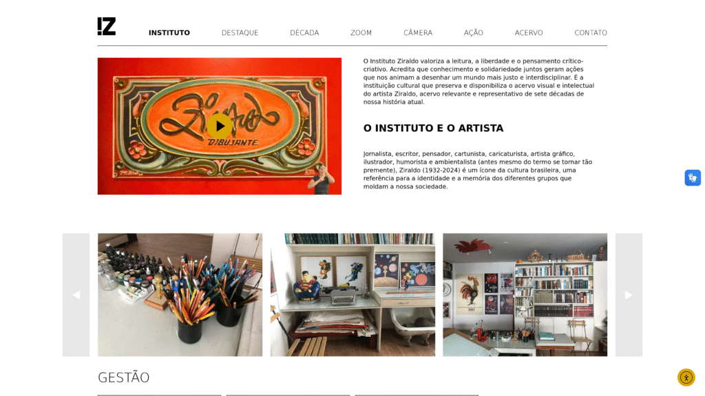 Captura de tela da página de apresentação do instituto ziraldo, com um carrossel de fotos.