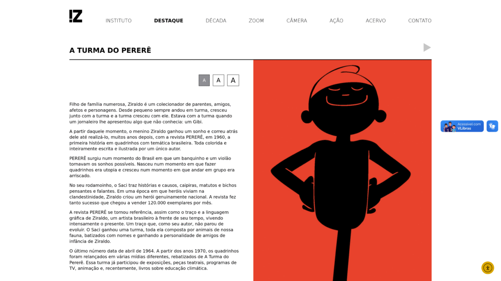 Captura de tela de uma página de destaque, mostrando a turma do Saci Pererê