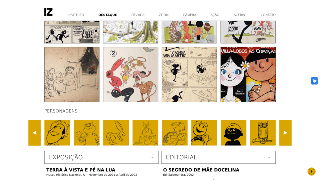 Captura de tela de uma seleção de itens na página de curadoria e um carrossel com links para os personagens da turma do pererê.